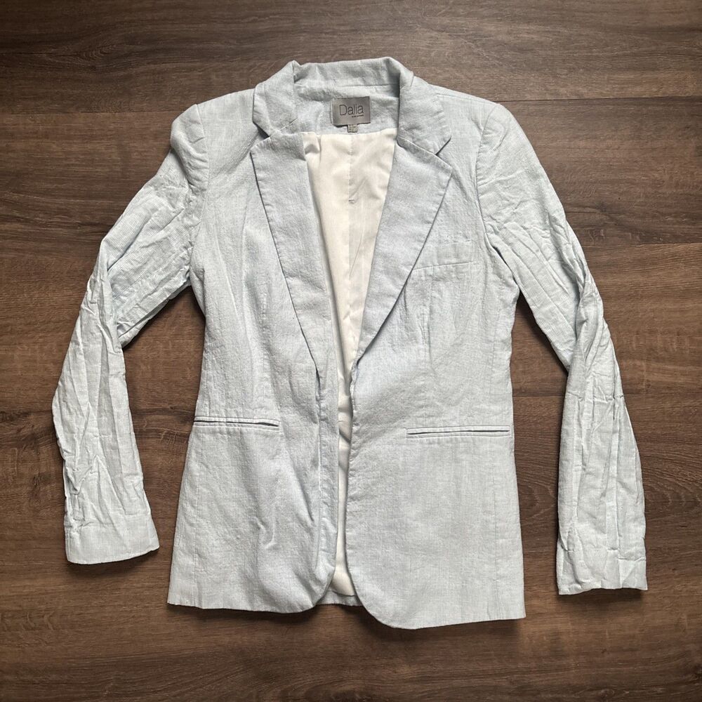 Dalia Women’s Light Blue Lined Open Front Linen Blend Blazer Long Sleeve Size S